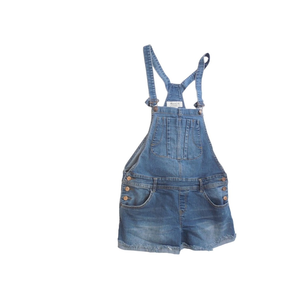 American Rag Cie Denim‎ Shortalls Women Sz 5 XS Blue Frayed Pocket Bib Overalls